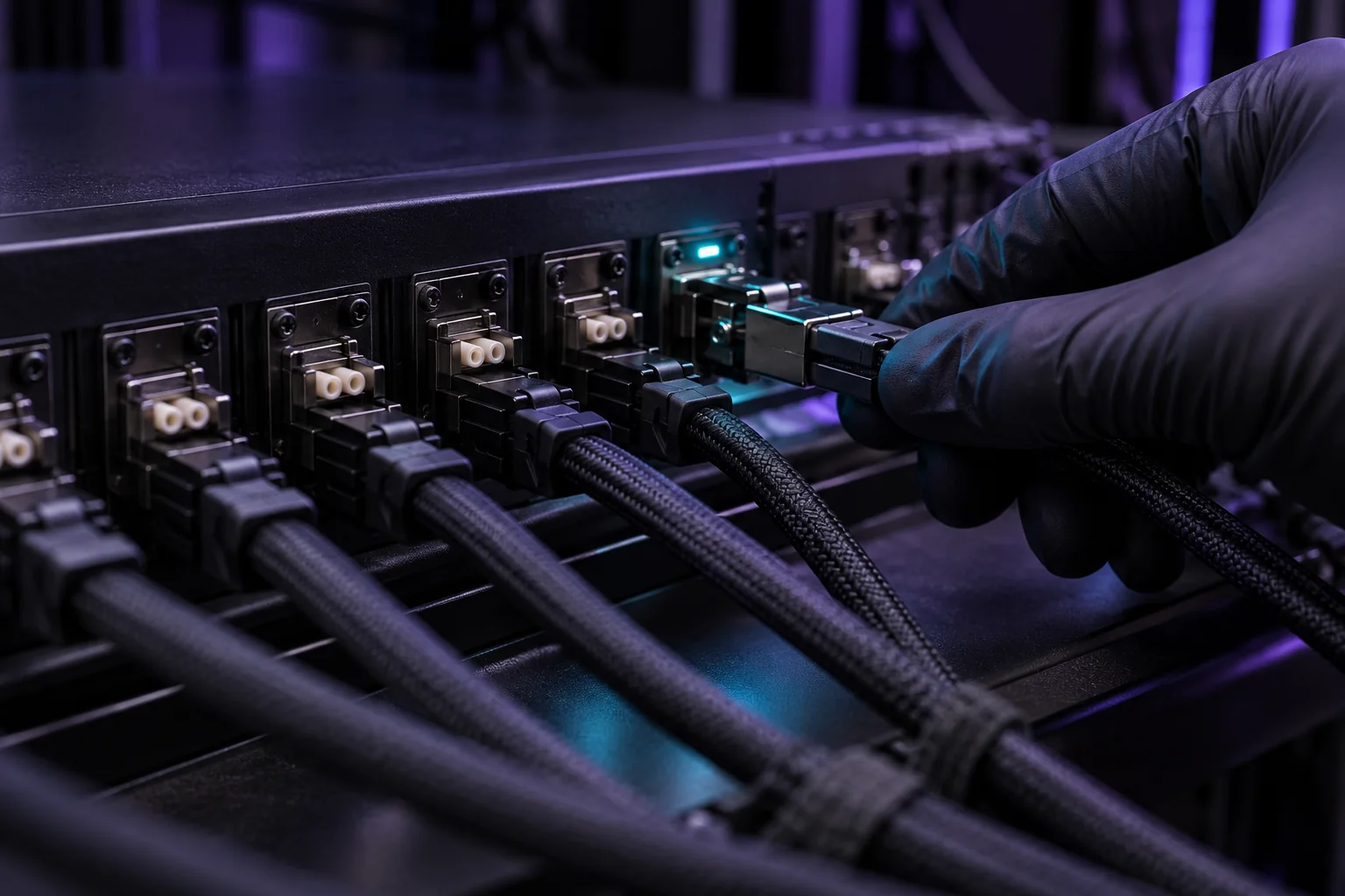 Illustrative scene: A technician connecting precision network equipment in violet light